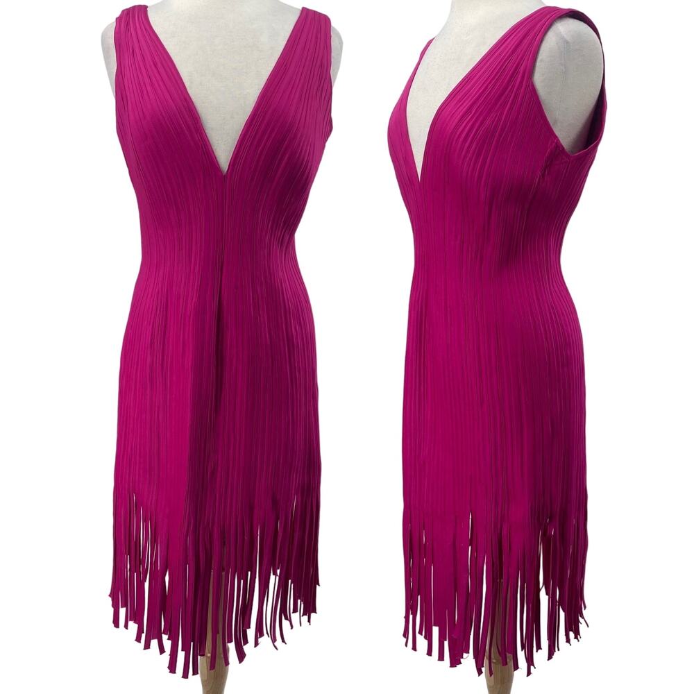 Vintage 90s Tadashi Cocktail Sheath Dress Fringe Hem V Neck Magenta Pink Large